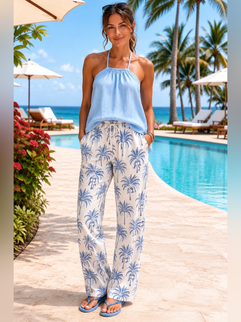 Tommy Bahama Women’s White Palm-Print Linen Pants M